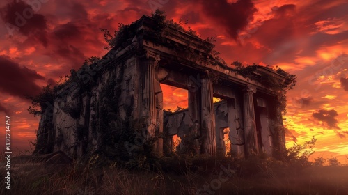 A crumbling, vine-covered entablature stands against a blood-red sunset, evoking eerie beauty and decay.