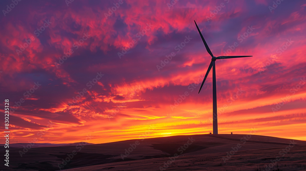 Obraz premium A wind turbine is standing on a hill in a beautiful sunset