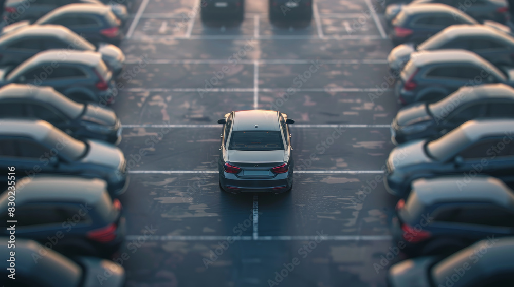 Fototapeta premium A car is parked in a parking lot with many other cars