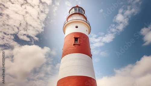 a red and white lighthouse against a blue sky