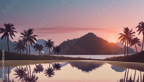 tropical sunset landscape with palm trees mountains and river serene summer travel concept design for poster wallpaper banner digital art illustration with twilight hues and reflective water