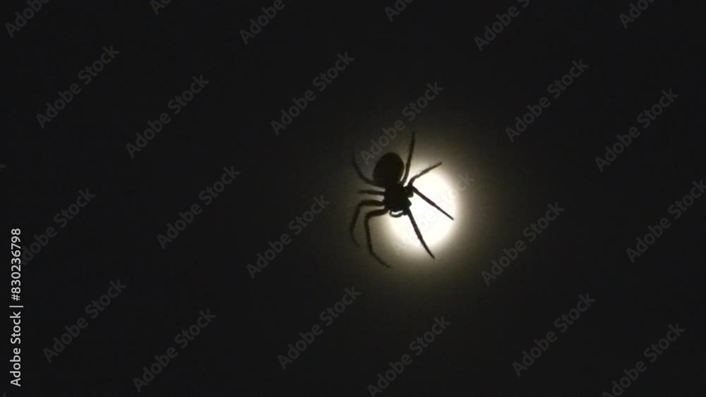 Spider hanging on invisible spider web and moved by wind at night against background of black sky and light of full moon - close up shot with zoom in and zoom out.