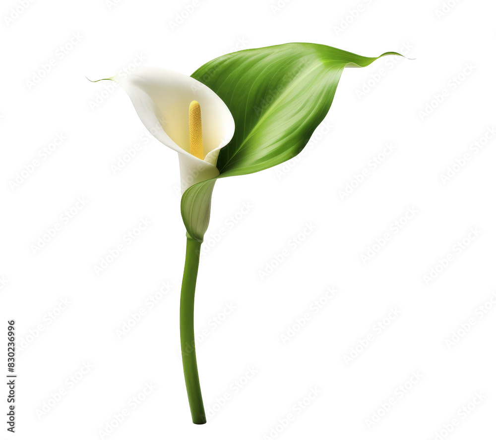 A single white calla lily with a green leaf, isolated on a black background. A single white calla lily with a green leaf, isolated on a black background.
