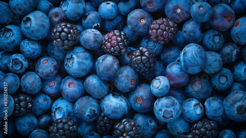  A heap of blueberries and raspberries, one atop the other, with a single berry crowning each stack photo