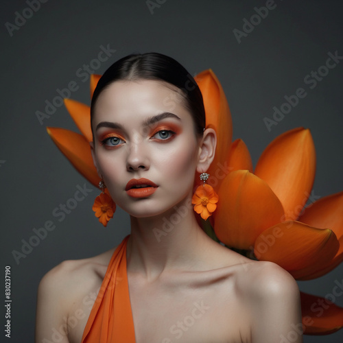 Beautiful model with orange color lotus ear rings photo