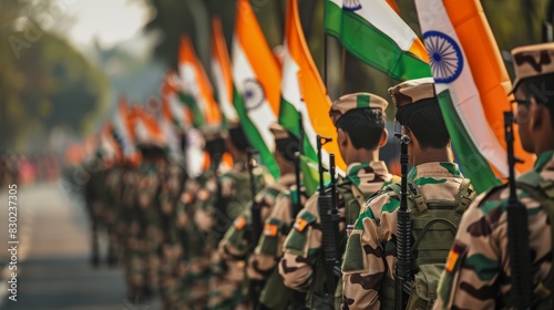 Back view of Indian soldiers marching with national flags photo
