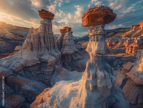 A surreal landscape of hoodoos standing tall in a desert valley, their unique shapes and forms creating an otherworldly scene. The golden hour light adds warmth  photo