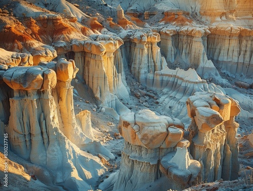 A surreal landscape of hoodoos standing tall in a desert valley, their unique shapes and forms creating an otherworldly scene. The golden hour light adds warmth photo