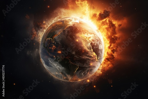 Dramatic composition showing planet Earth with fiery explosions  visualizing apocalyptic scenarios or global disaster. Apocalyptic Vision of Earth Engulfed in Flames