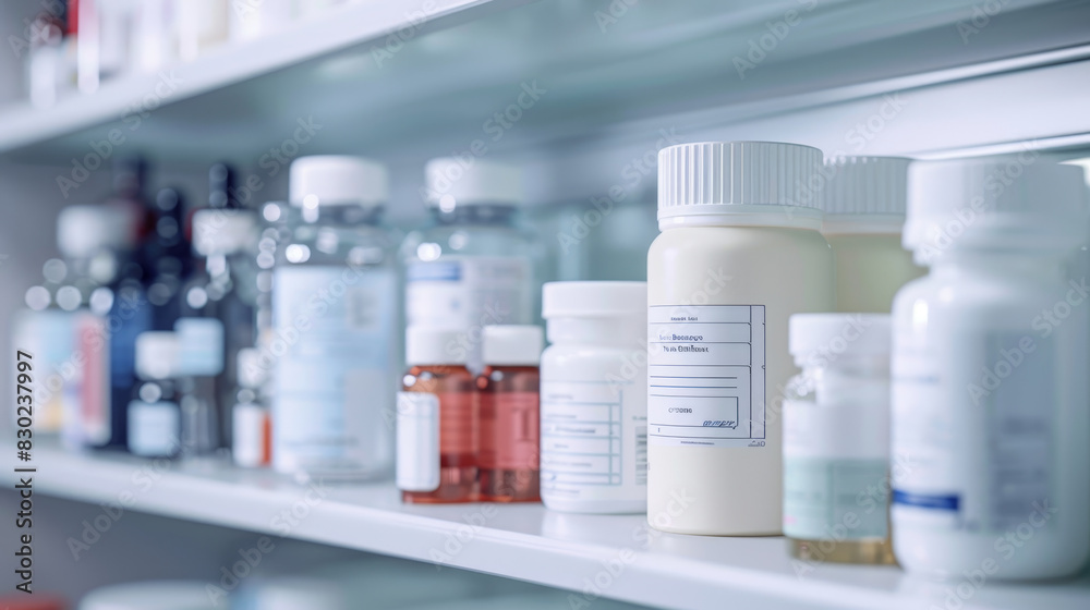 A shelf full of medicine bottles with labels on them A shelf full of medicine bottles with labels on them