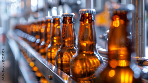 A row of beer bottles are being produced on a conveyor belt