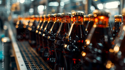 A row of bottles of soda on a conveyor belt