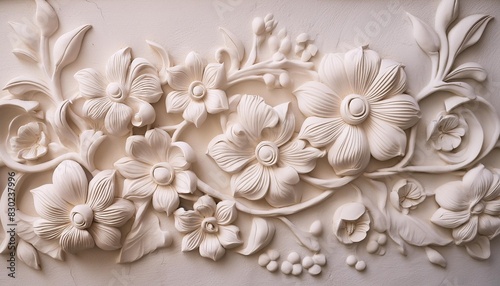 light decorative texture of plaster wall with volumetric decorative flowers © Tamia