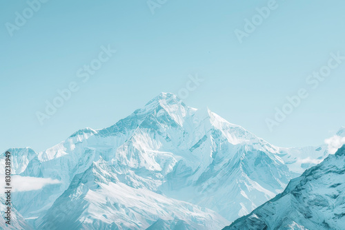 A snow-covered mountain with a clear blue sky in the background
