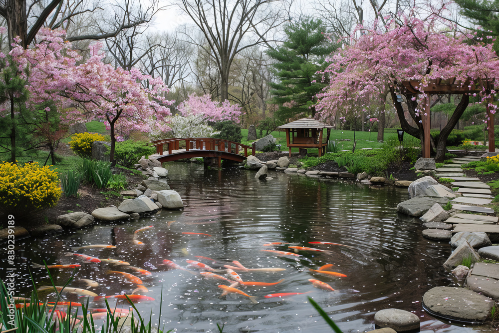 Fototapeta premium A pond with a bridge and a gazebo in the background