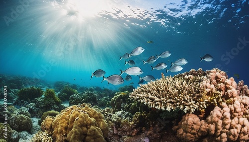 photo coral reef with fish blue sea underwater scene