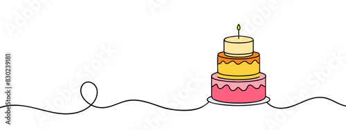 Continuous line drawing of birthday cake. Cake with sweet cream and a candle. Birthday celebration concept isolated on white background.