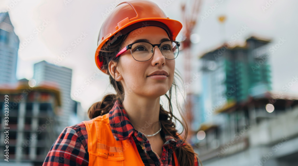 A woman wearing a hard hat and orange vest stands in front of a building A woman wearing a hard hat and orange vest stands in front of a building