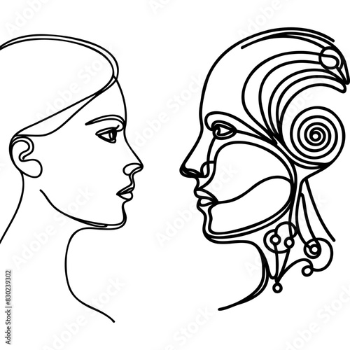 Robot and human face to face Continuous one line drawing. Machine vs human: AI robot and man facing each other