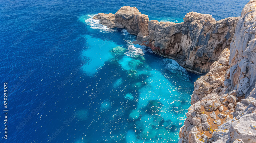 Breathtaking top-down view of a rugged coastline with cliffs overlooking the clear turquoise waters