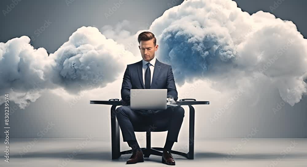 Thoughts concept Male businessman wearing suit with tie Head full of smoke clouds using laptop no emotions mechanic mental intelligence Thinking brainstorming business concept design mp4 Thoughts concept Male businessman wearing suit with tie Head full of smoke clouds using laptop no emotions mechanic mental intelligence Thinking brainstorming business concept design mp4