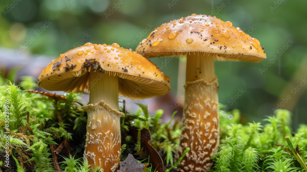 Fototapeta premium A closeup of two mushrooms growing in the moss, with raindrops on their caps and gills