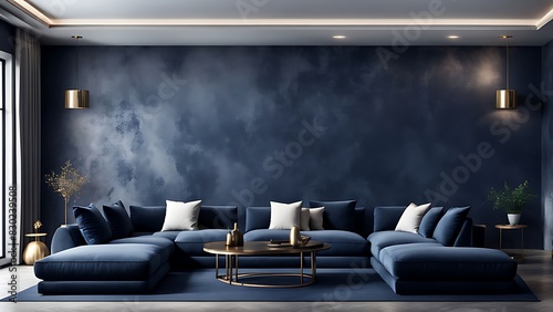 Luxury premium living room with sofas and table, accent wall with decorative plaster stucco in gray microcement texture, dark blue navy interior design reception, 3D render mockup art