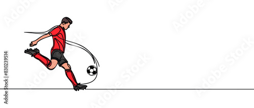 Continuous line drawing. Illustration shows a football player kicks the ball. Soccer. Vector illustration