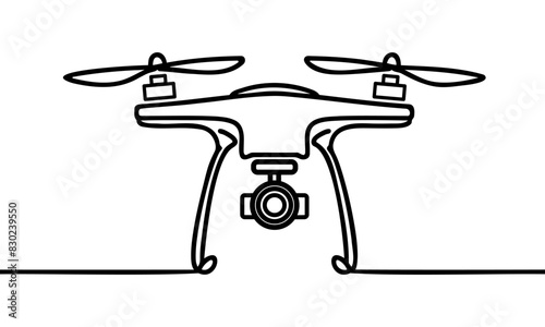One single line drawing of flying drone airplane, unmanned plane vector graphic illustration. Modern air gadget for videography concept.
