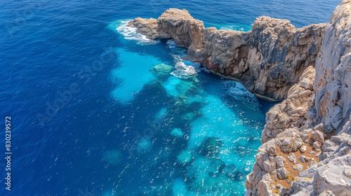 Breathtaking top-down view of a rugged coastline with cliffs overlooking the clear turquoise waters