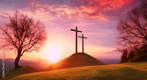 Two cross on the hill with red sky hill of calvary christianity golgotha hill cathilic place photo