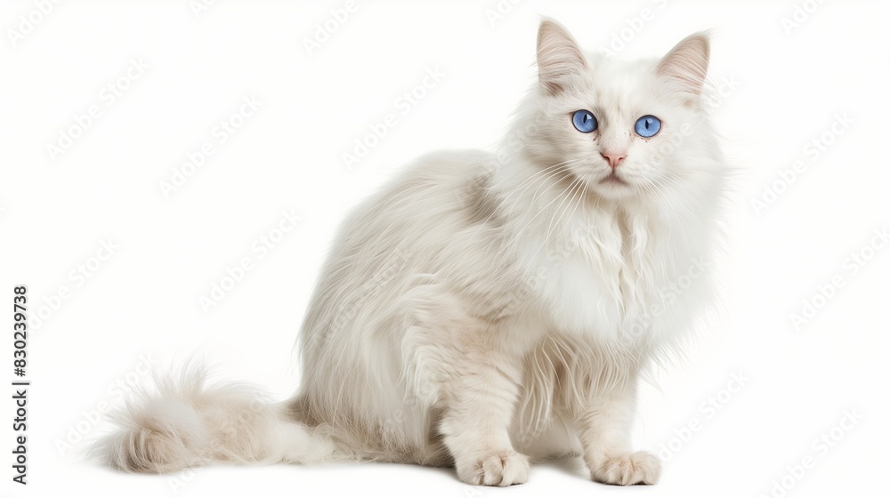 Obraz premium A beautiful Turkish Angora with its long, silky white fur and bright blue eyes, sitting elegantly with an air of sophistication, isolated on solid white background,