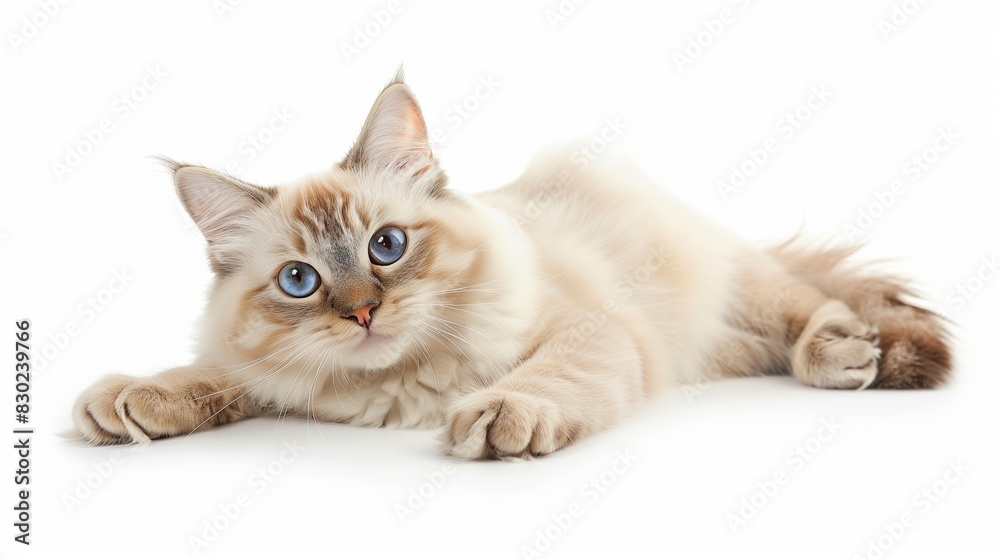 A charming Birman cat with a creamy coat and striking blue eyes, lounging comfortably with its white-gloved paws stretched out, isolated on solid white background, A charming Birman cat with a creamy coat and striking blue eyes, lounging comfortably with its white-gloved paws stretched out, isolated on solid white background,