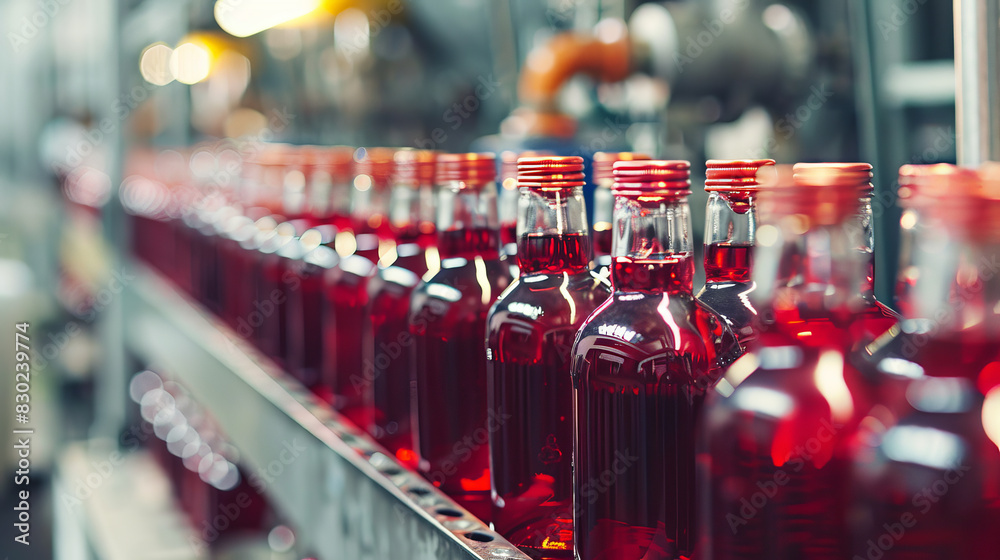 A row of bottles of red liquid on a conveyor belt A row of bottles of red liquid on a conveyor belt