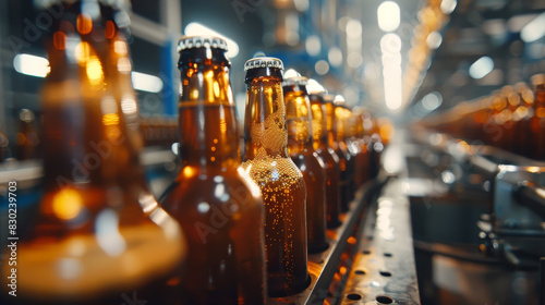 A row of beer bottles are being made in a factory