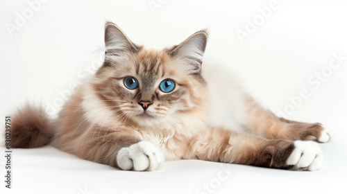 A charming Birman cat with a creamy coat and striking blue eyes, lounging comfortably with its white-gloved paws stretched out, isolated on solid white background,