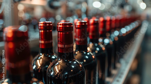 A row of wine bottles with red caps on a shelf