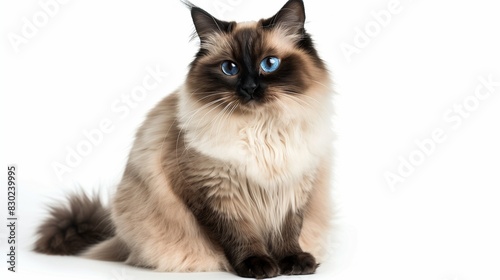 A fluffy Himalayan cat with a creamy coat and striking blue eyes, its dark face, ears, and tail contrasting beautifully, sitting gracefully, isolated on solid white background,