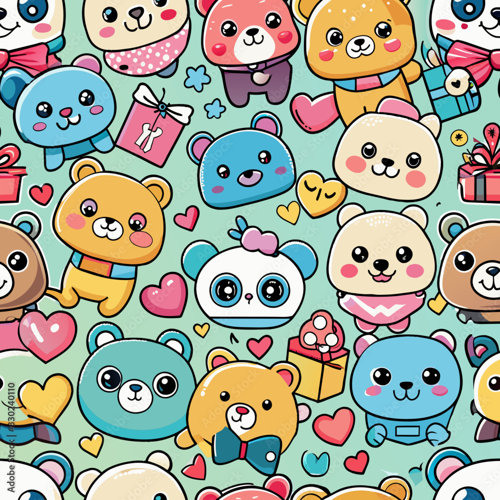Cute Kawaii Bear Characters with Gifts and Hearts Vector Seamless Pattern Cute Kawaii Bear Characters with Gifts and Hearts Vector Seamless Pattern