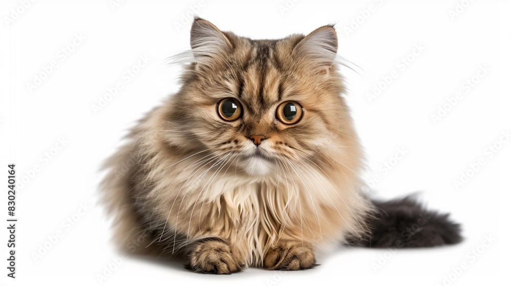 A fluffy Persian cat with long, luxurious fur and big, expressive eyes, sitting gracefully with its tail wrapped around its paws, isolated on solid white background, A fluffy Persian cat with long, luxurious fur and big, expressive eyes, sitting gracefully with its tail wrapped around its paws, isolated on solid white background,