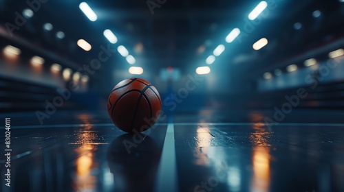 Basketball court with a ball in the foreground. The background is blurred with a spotlight shining down on the court.