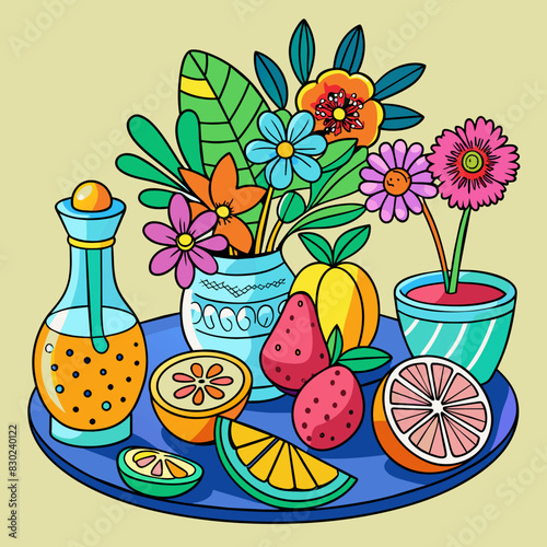 Vibrant Still Life with Flowers in Vases, Fresh Fruits on Plate, and Bottle of Juice in Bold Colors