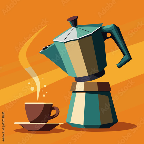 Retro Moka Pot with Steaming Coffee Cup on Warm Orange Background Vector Illustration