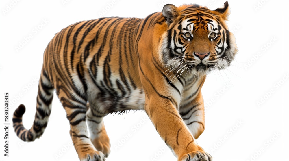 A majestic Bengal tiger mid-stride, muscles rippling under its vibrant orange and black striped coat, staring intently forward, isolated on solid white background,