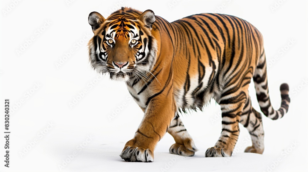 Fototapeta premium A majestic Bengal tiger mid-stride, muscles rippling under its vibrant orange and black striped coat, staring intently forward, isolated on solid white background,