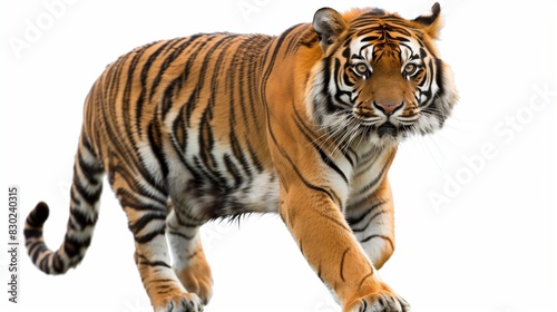 A majestic Bengal tiger mid-stride  muscles rippling under its vibrant orange and black striped coat  staring intently forward  isolated on solid white background 