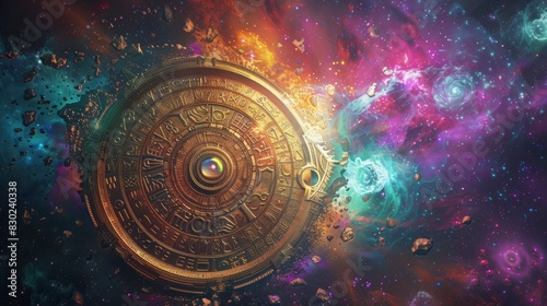 Cosmic zodiac wheel with astrological symbols in a colorful galaxy. Esoteric and mysticism concept.