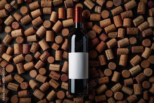 Red wine bottle mockup with wine corks in the background photo