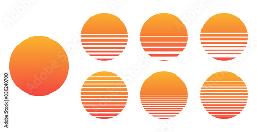 Retro sunset above the sea or ocean with sun and water silhouette. Vintage styled summer logo or icon design isolated on white background.