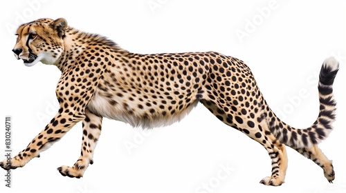 A sleek cheetah in mid-sprint  every muscle defined and spots distinct against its golden fur  isolated on solid white background 